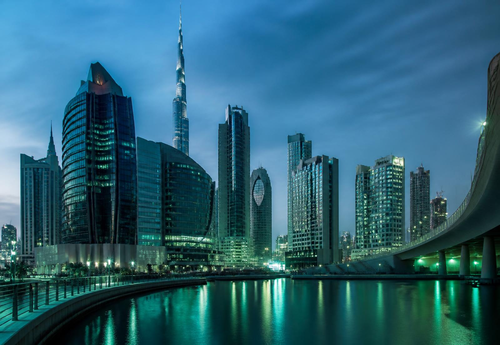 Modern Dubai business district at blue hour